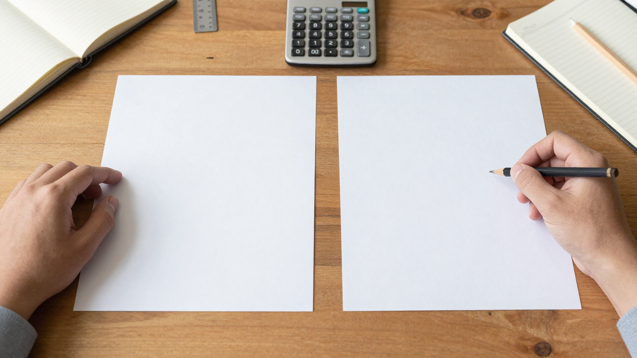 Two calculator result sheets being compared beside a ruler and notebook