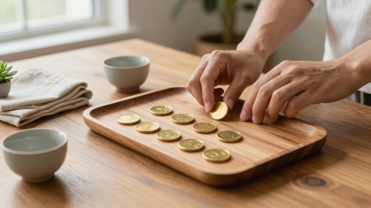 Wooden tray with nine brass tokens, two tea cups, folded linen, and a green plant