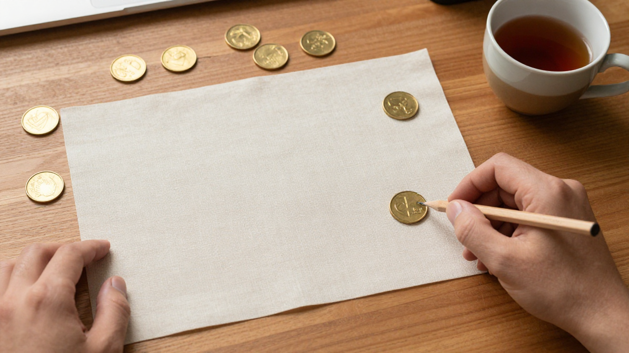 Nine smooth brass tokens, linen, pencil, and a tea cup on a warm desk