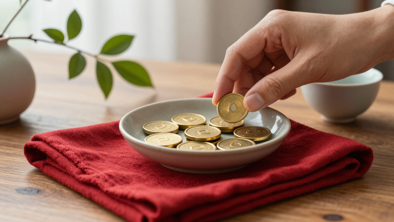 Nine brass tokens in a ceramic bowl with red linen, a leafy branch, and tea cup