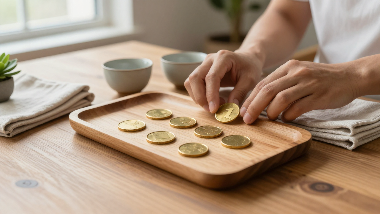 Wooden tray with six brass tokens, two tea cups, folded linen, and a green plant
