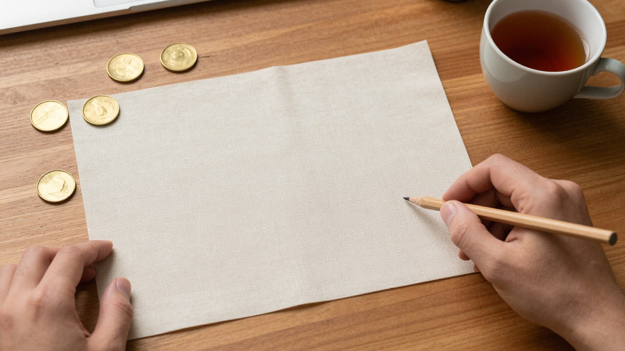 Six smooth brass tokens, linen, pencil, and tea cup on a desk