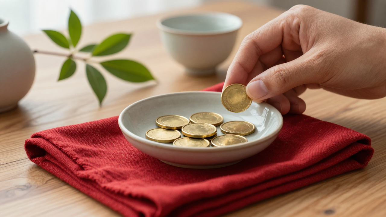 Six brass tokens, a ceramic bowl, folded linen, a leafy branch, and tea cup