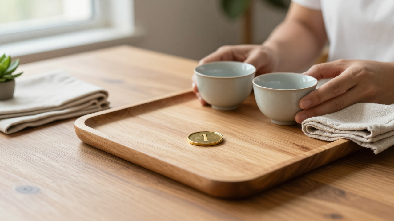 Wooden tray with one brass token, two tea cups, folded linen, and a green plant