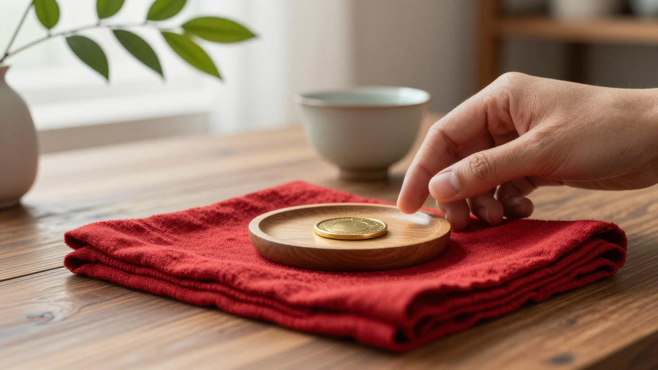 Single brass token on a small wooden tray beside folded linen and a ceramic cup