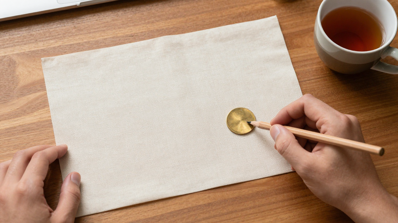 Single brass token, blank linen, pencil, and tea cup on a warm desk