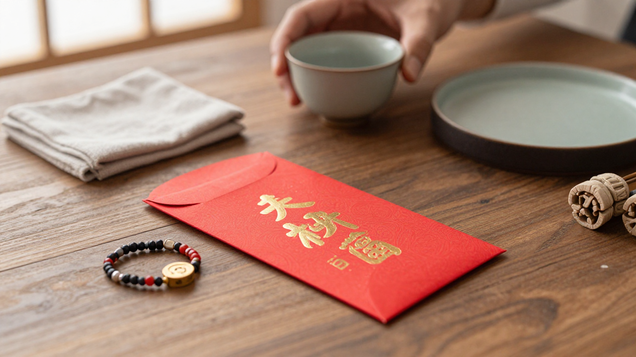 Red envelope, bracelet charm, tea cup, and folded cloth on a wooden table