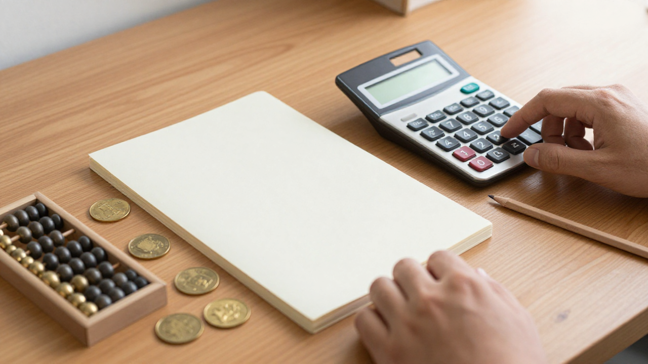 Plain calculator, blank notebook, abacus, brass tokens, and pencil on a desk