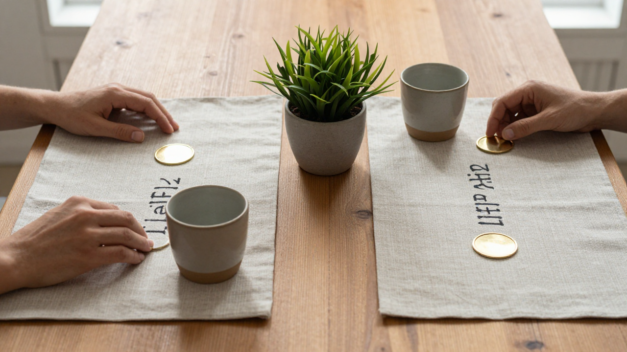 Two separate linen work mats divided by a small plant on one wooden table