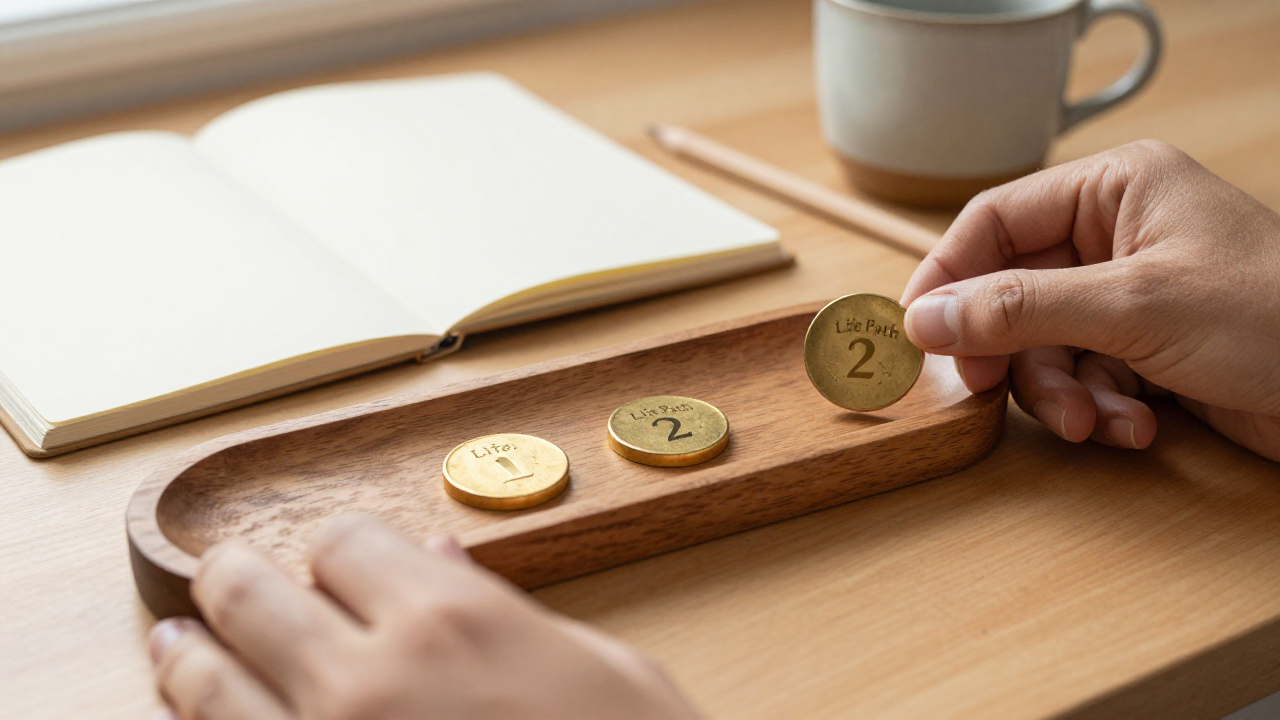 Two brass tokens, unmarked counting tray, blank notebook, and ceramic cup on a desk