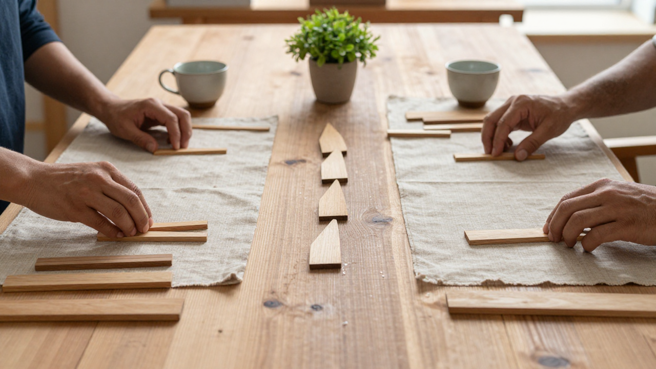 Two hands arranging wooden pieces on linen beside two ceramic cups