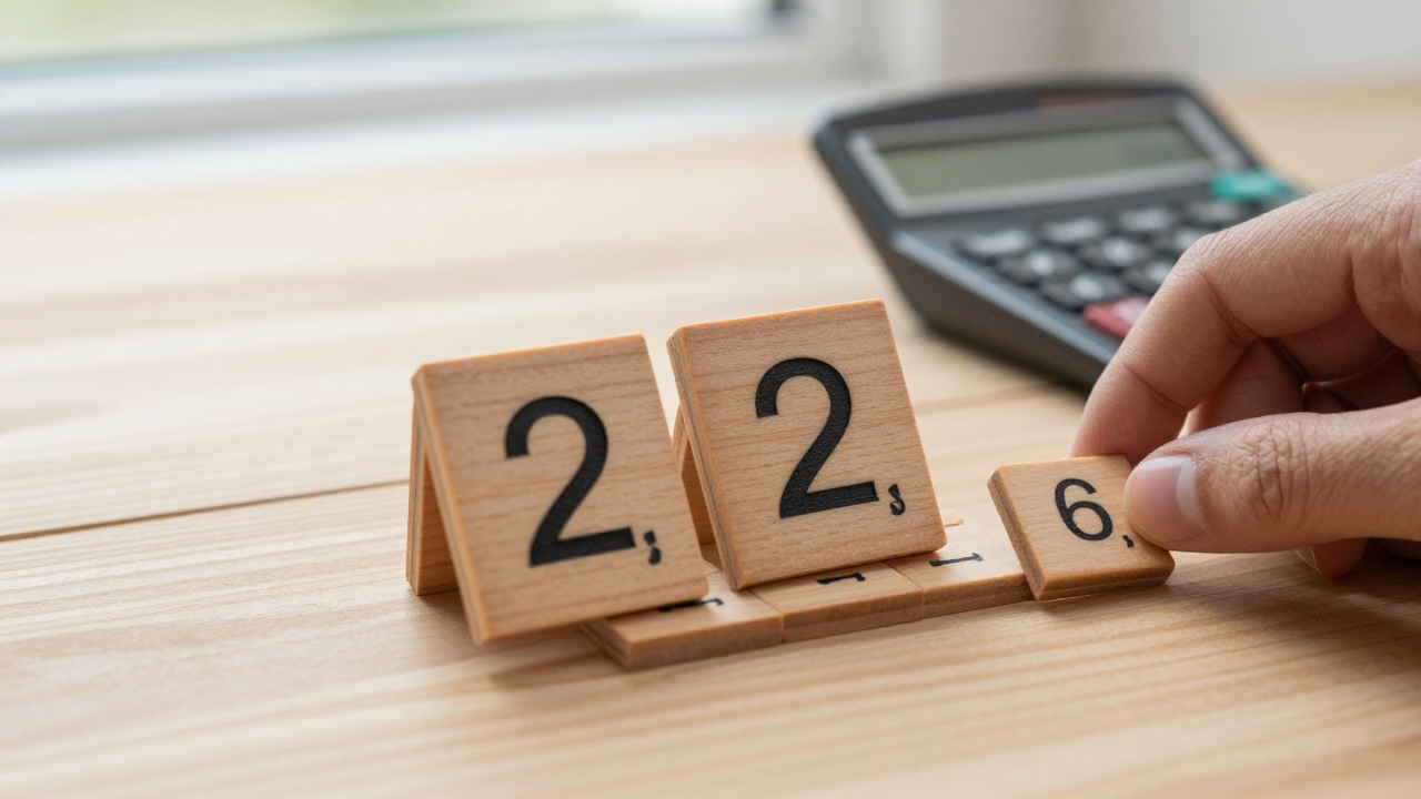 life path number 22 meaning scene with wooden twenty-two tiles, date cards, calculator