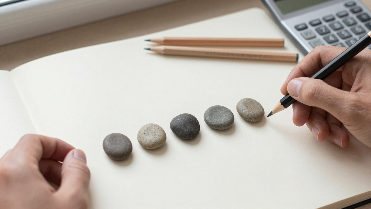 life path number 22 meaning scene with blank arithmetic notebook, four counting stones, two pencils