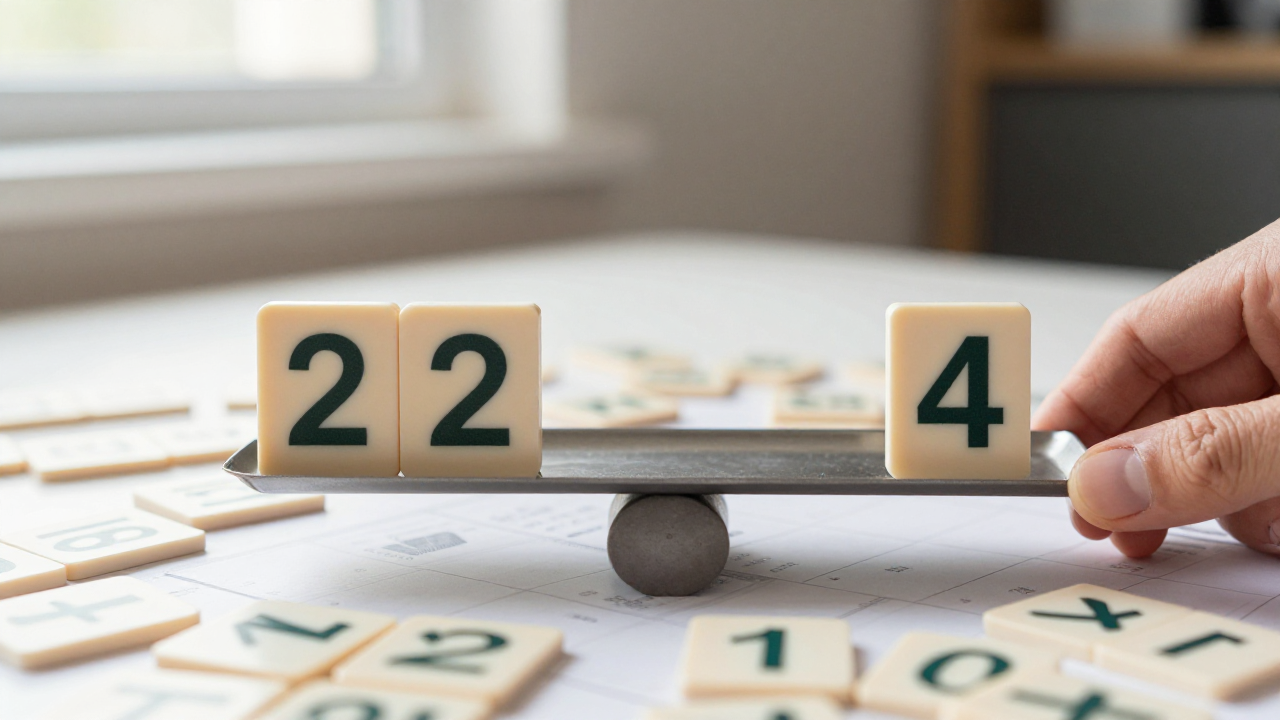 life path number 22 meaning scene with number tiles twenty-two and four, balance tray, calendar cards
