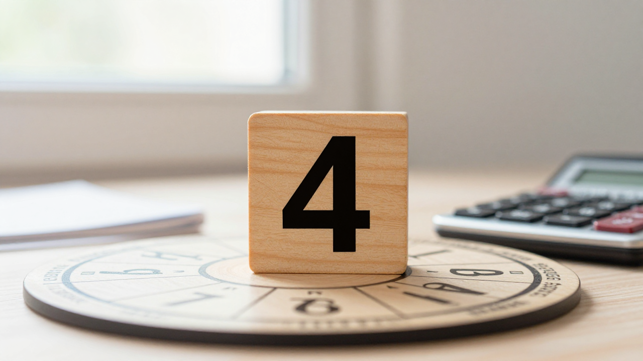 life path number 4 meaning scene with wooden number four tile, calendar wheel, calculator