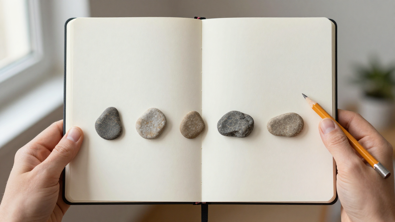 life path number 4 meaning scene with blank arithmetic notebook, four counting stones, pencil