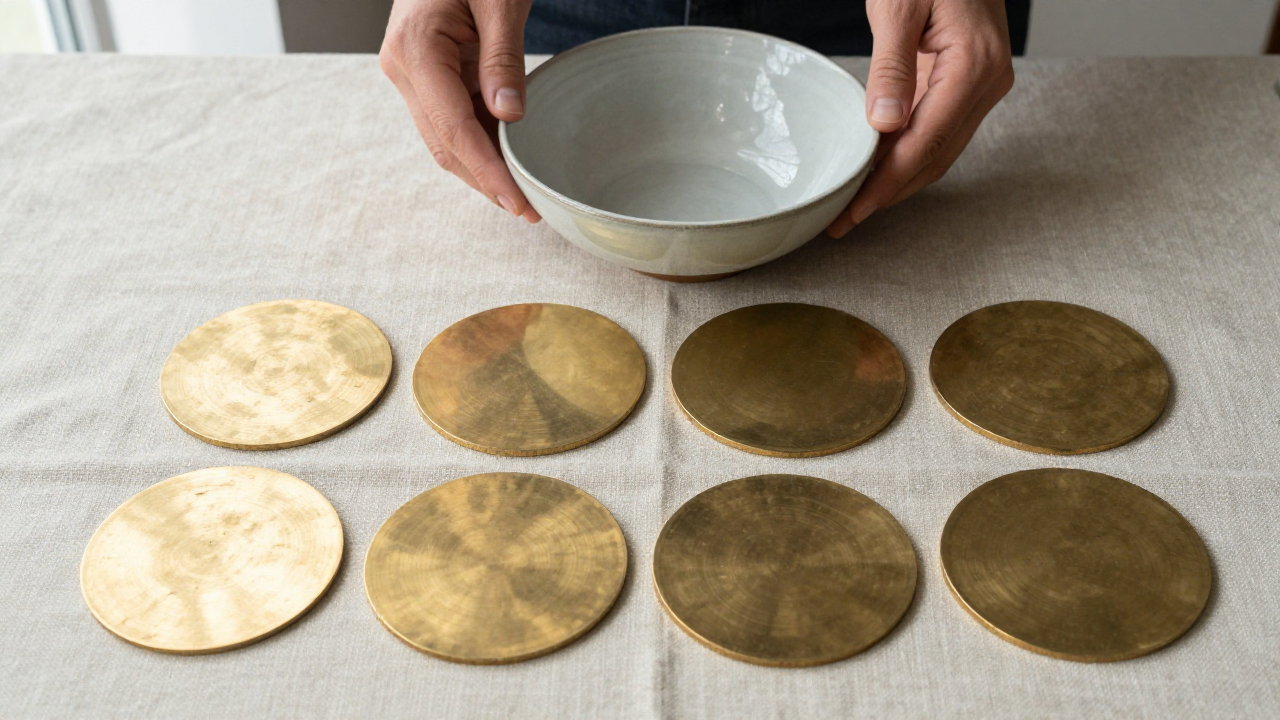 life path number 8 meaning scene with eight blank brass discs, ceramic bowl, plain linen