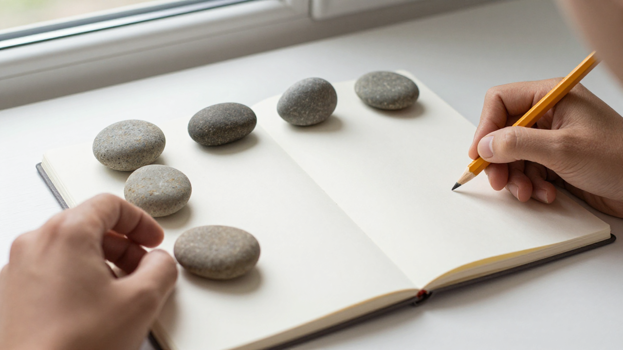life path number 8 meaning scene with eight counting stones, blank notebook, pencil