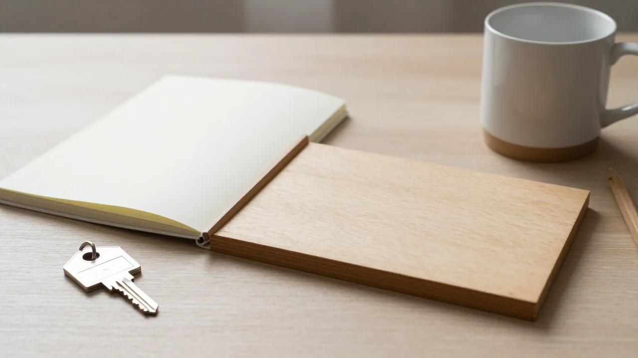 Blank notebook, pencil, house key, and unmarked address tile on a tidy desk
