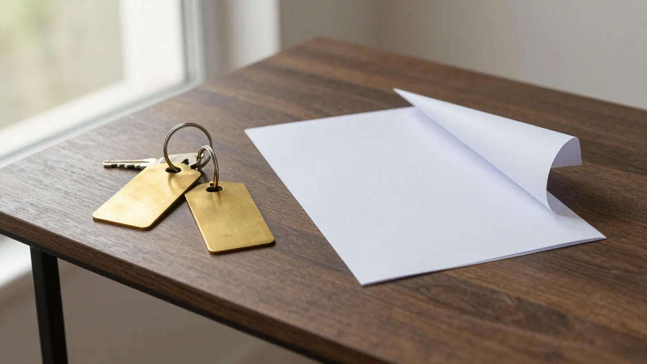 Blank brass door tags, keys, and folded note card on an apartment entry table