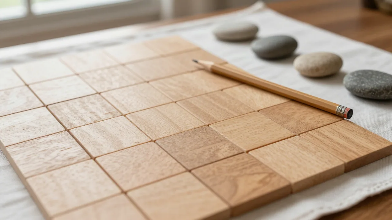 Blank wooden tiles with pencil and stones on a desk