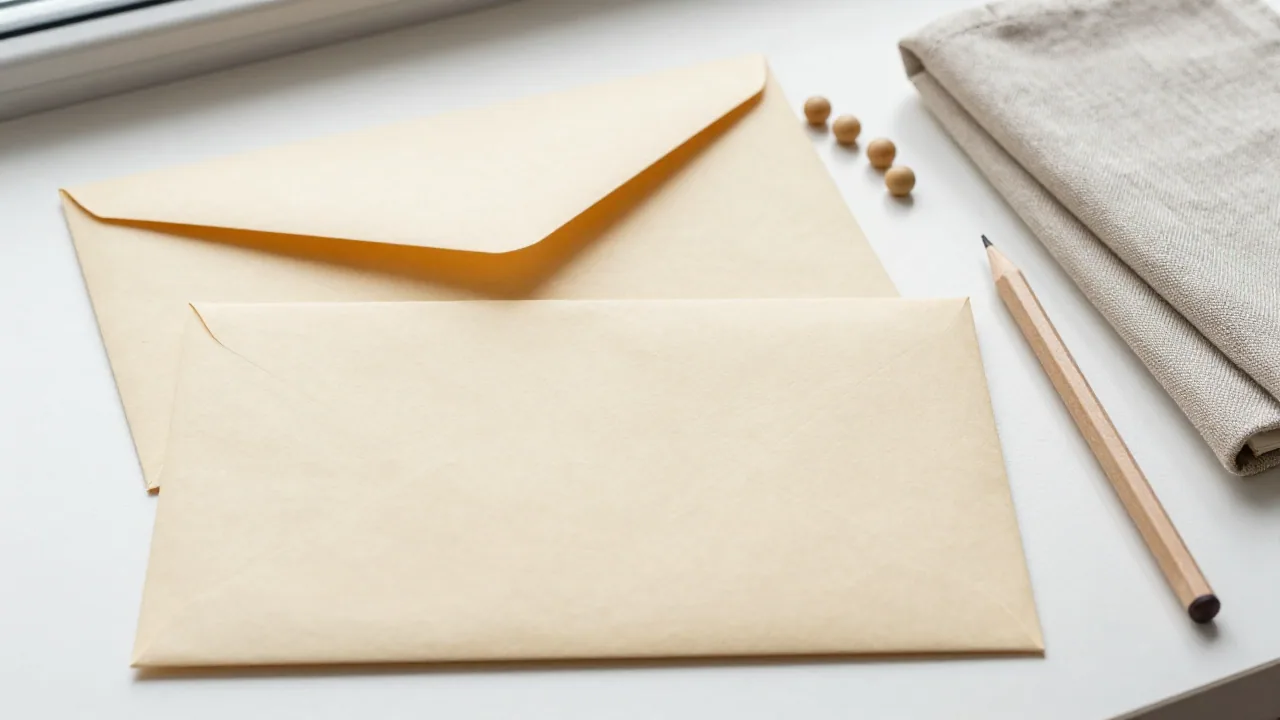 Sealed envelope with blank notebook, beads, pencil, and folded linen
