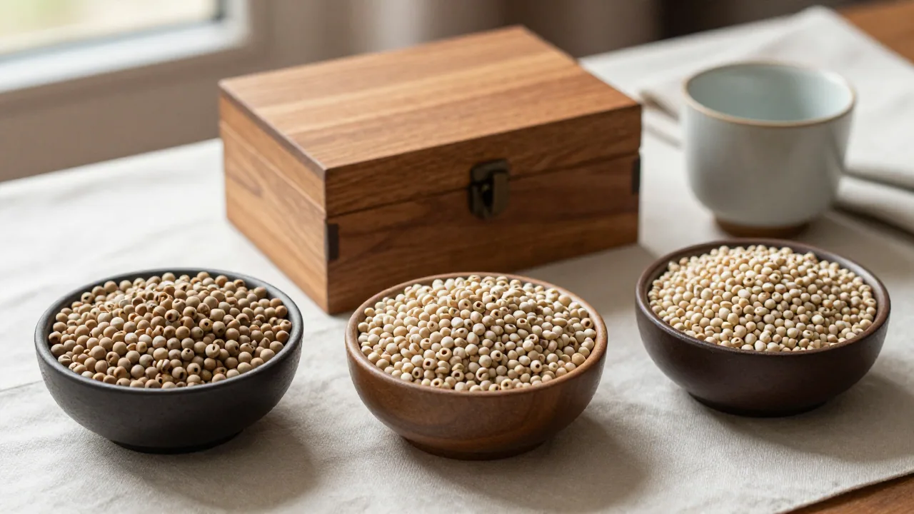 Unmarked beads in bowls beside a blank wooden box and cup