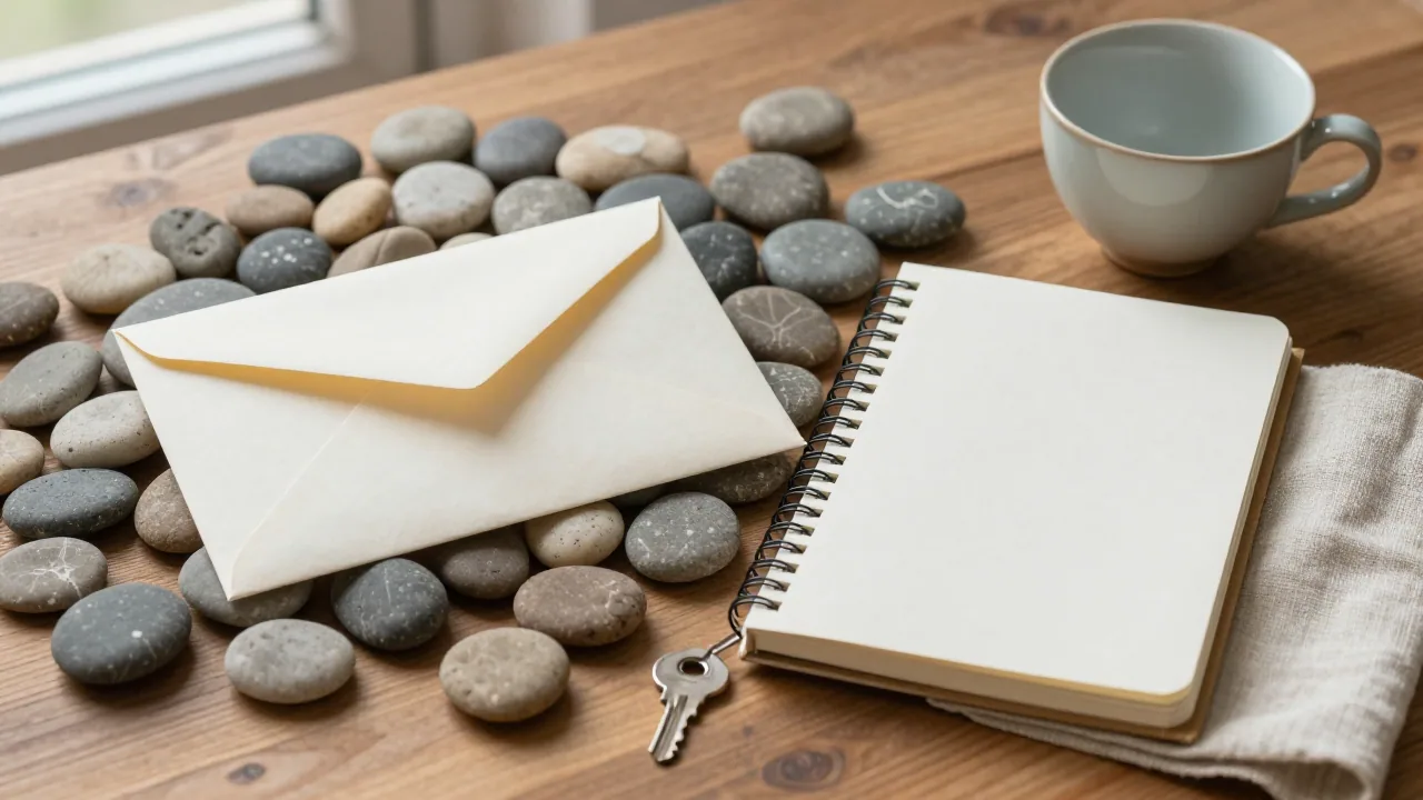 Unmarked pebbles beside blank envelope, notebook, tea cup, and linen