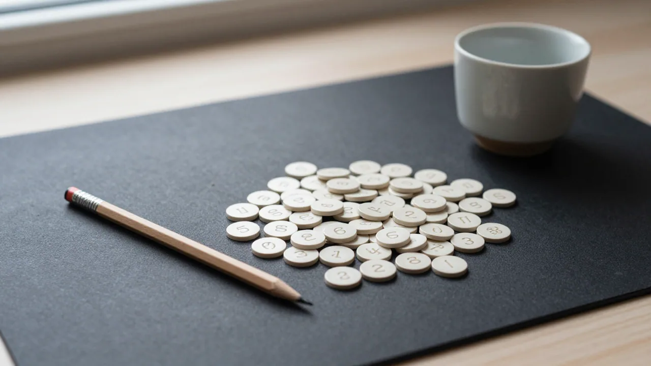 pencil, plain tokens, desk mat for calculating numerology