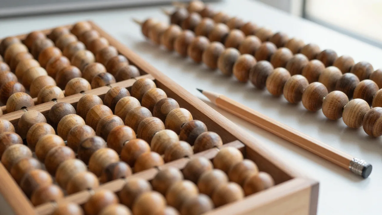 smooth wooden beads, pencil, unmarked abacus beads for how to calculate number in numerology