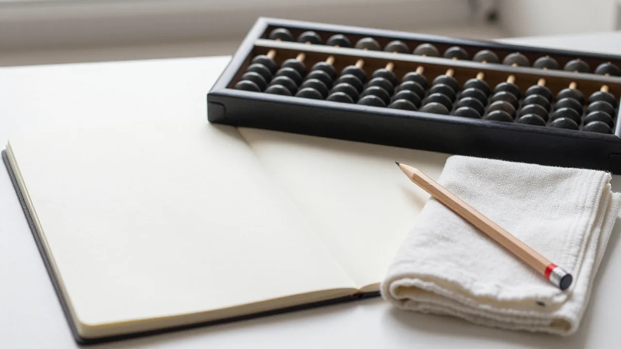 Unmarked abacus and blank notebook for master number rule checking