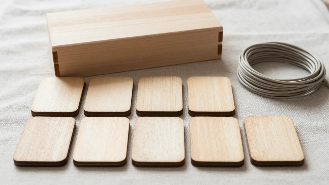 Unmarked wooden tiles beside a plain box for fixing one name input